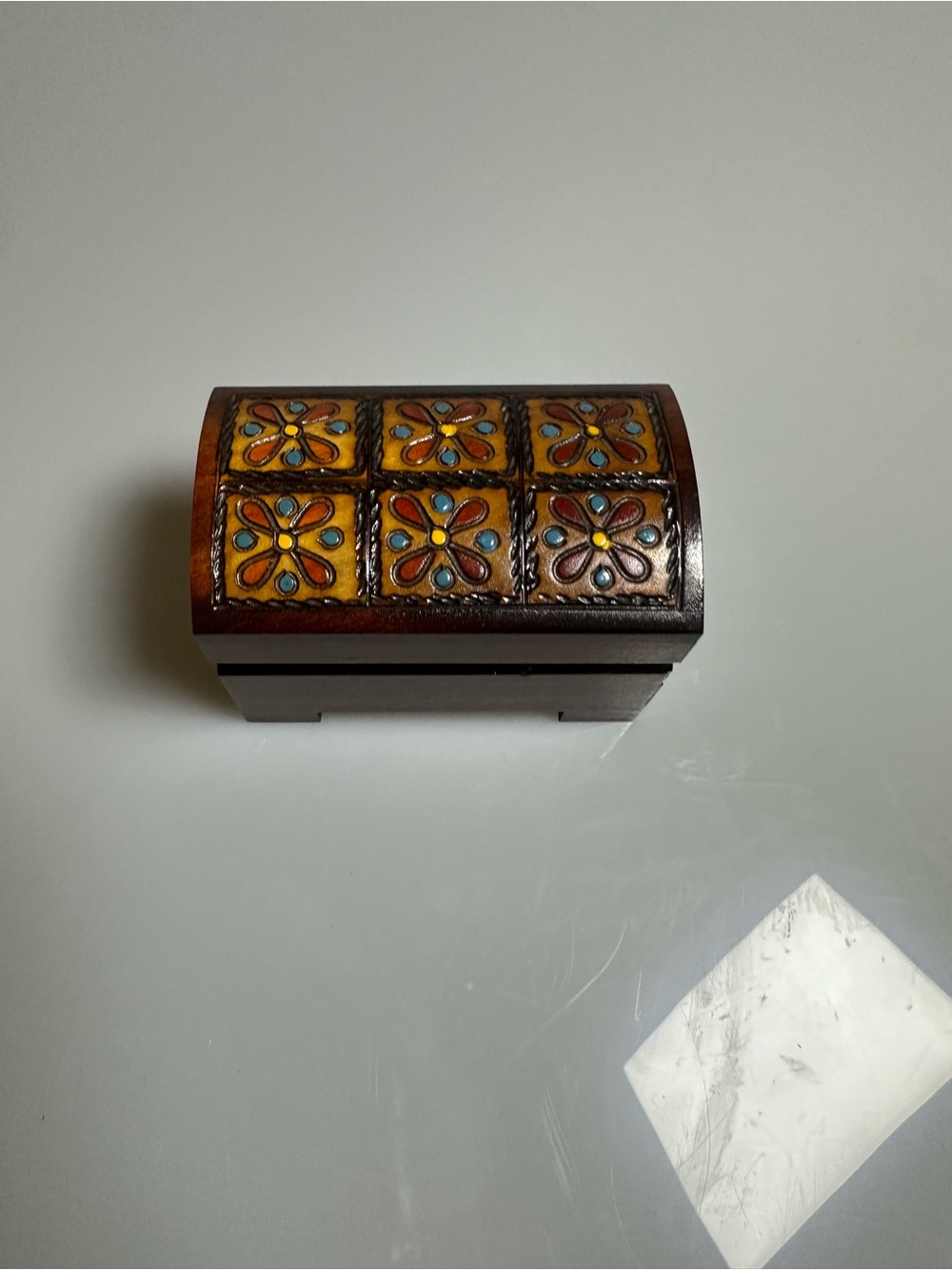Vintage Source Unknown Brown Wooden Jewelry Box with Yellow Floral Tiles